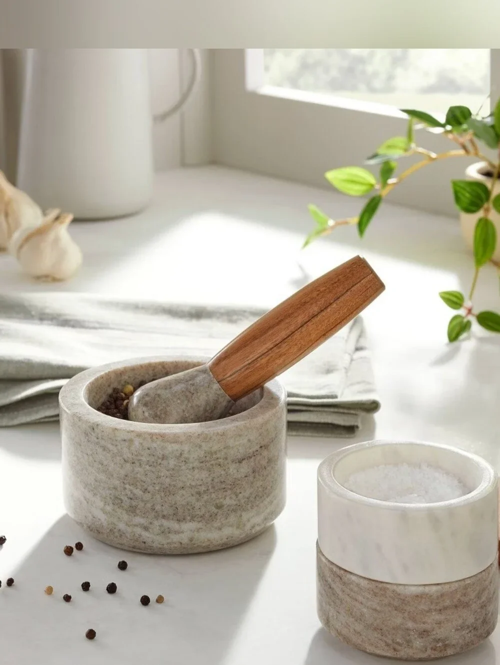 2pc Marble & Wood Mortar and Pestle Set Warm Gray - Hearth & Hand with Magnolia